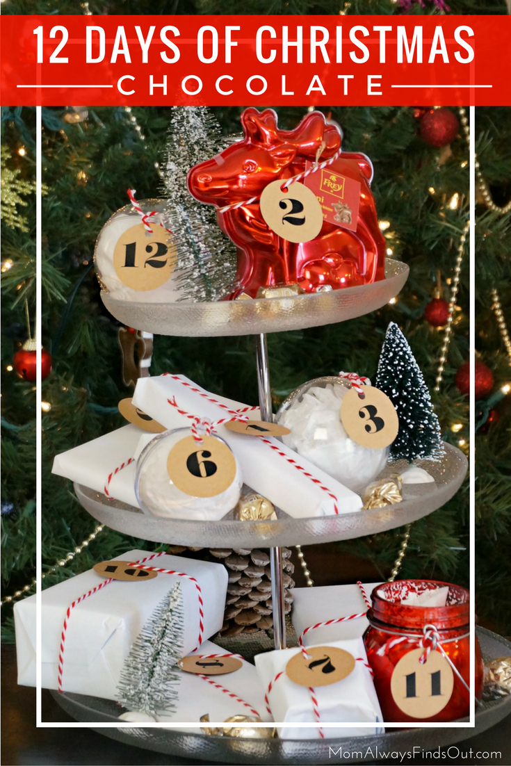 12 Days of Christmas Gift Ideas - Chocolate Tower with 12 numbered chocolate gifts and a Frey Chocolate Reindeer