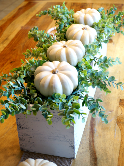 DIY Farmhouse Decor - White Pumpkins and Eucalyptus Wooden Planter Box Centerpiece - Fall and Thanksgiving Decoration Ideas