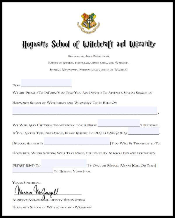 Harry Potter Hogwarts Acceptance Letter Birthday Party Invitation