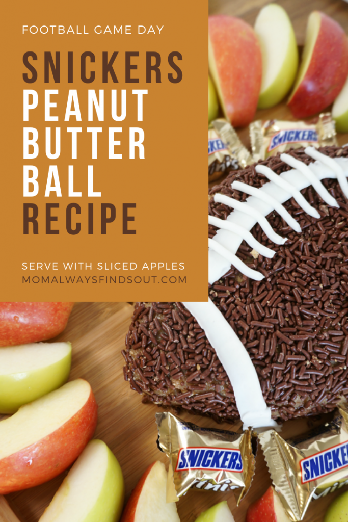 Snickers Peanut Butter Ball Recipe - Football Shaped Peanut Butter Ball perfect Game Day snack! Serve with sliced apples. Recipe at @momfindsout