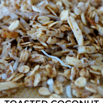 This easy homemade coconut granola recipe can be served as a hot or cold cereal. Serve the raw mixture before toasting to enjoy it like a muesli. Coconut granola features shredded coconut, ground flax seed, cinnamon and other spices, and coconut oil! It is naturally sweetened with maple syrup.