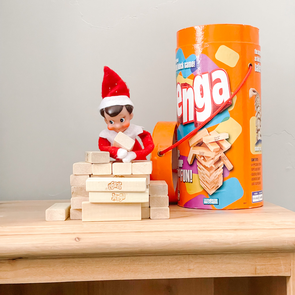Easy elf ideas - Jenga game with Elf on the Shelf