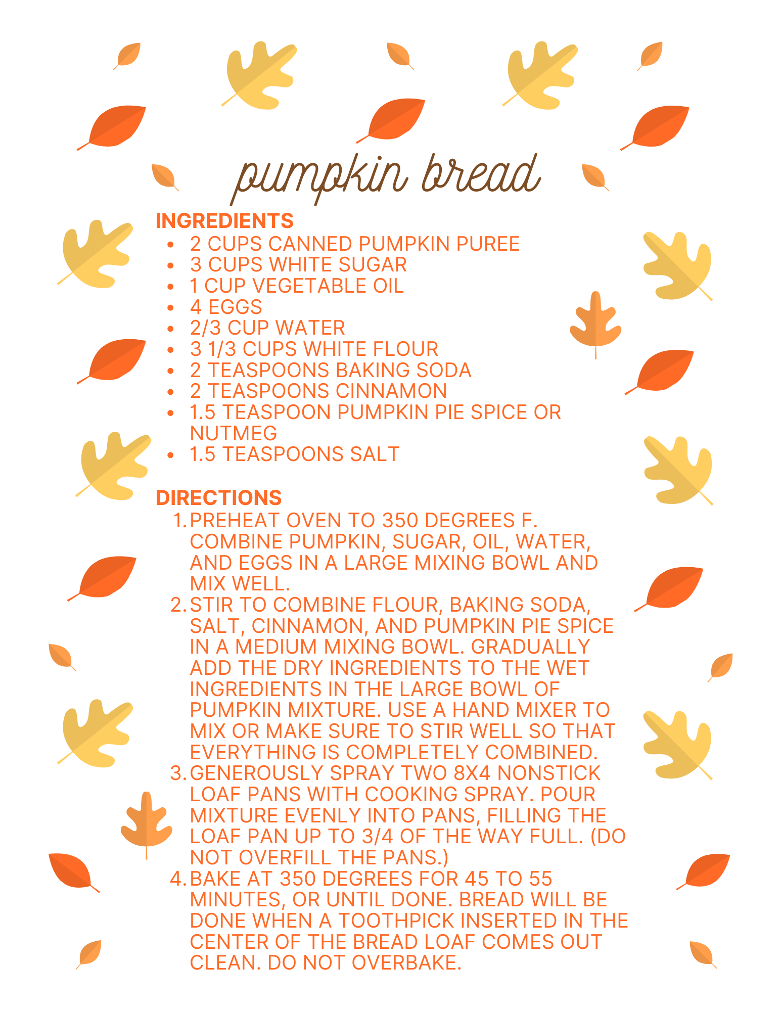 Free Printable Pumpkin Bread Recipe Card